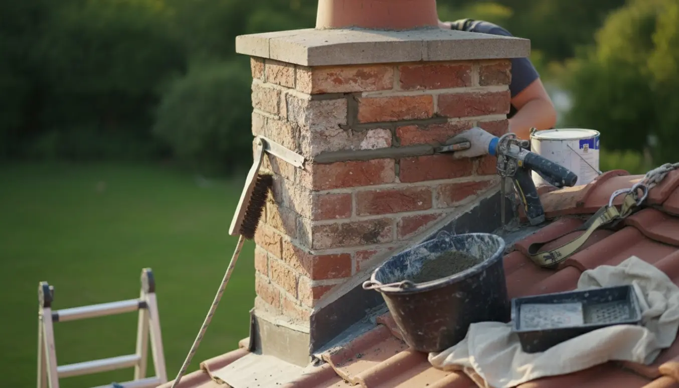 Nærbillede af fugning og klargøring til maling af en skorsten på et tag, med værktøj og friske mørtelfuger.