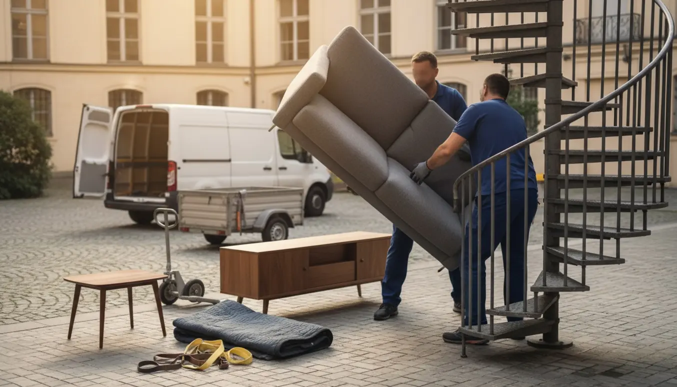 To flyttemænd bærer en adskilt sofa, et sofabord og en skænk ned ad en smal spindeltrappe mod en varevogn i gården.