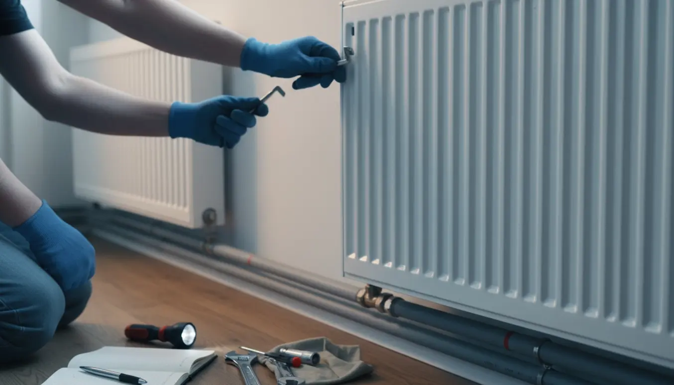 Hånd justerer ventil og lufteventil på en kold fjernvarmeradiator med værktøj og en varm radiator i baggrunden.