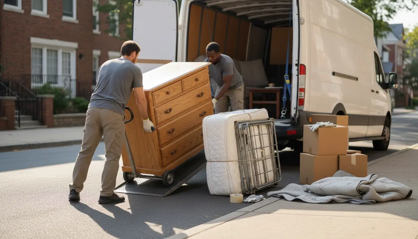 Flyttefolk bærer en trækommode og en indpakket madras ind i en flyttevogn på en stille gade i blødt morgenlys.