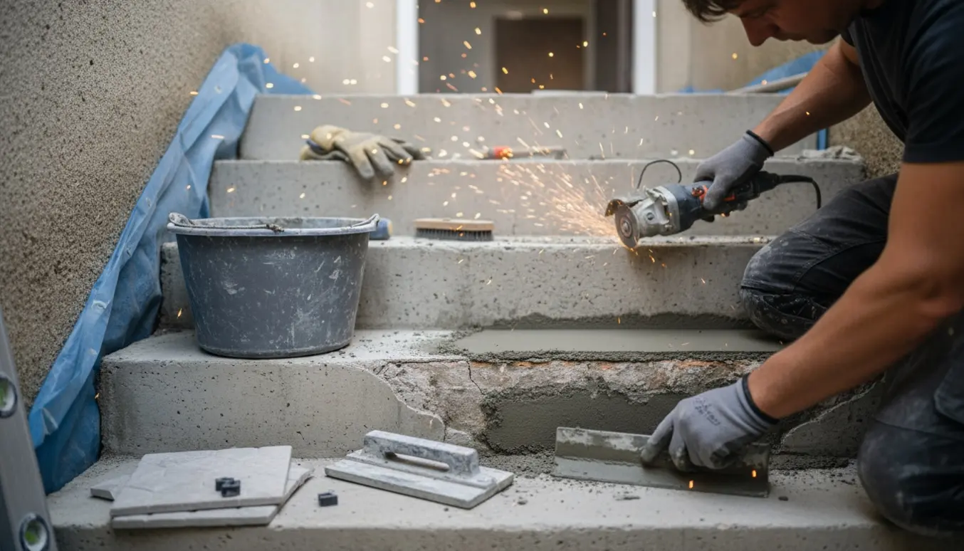 Nærbillede af en betontrappe, hvor fliseklæb fjernes og trinene pudses klar til fliselægning.