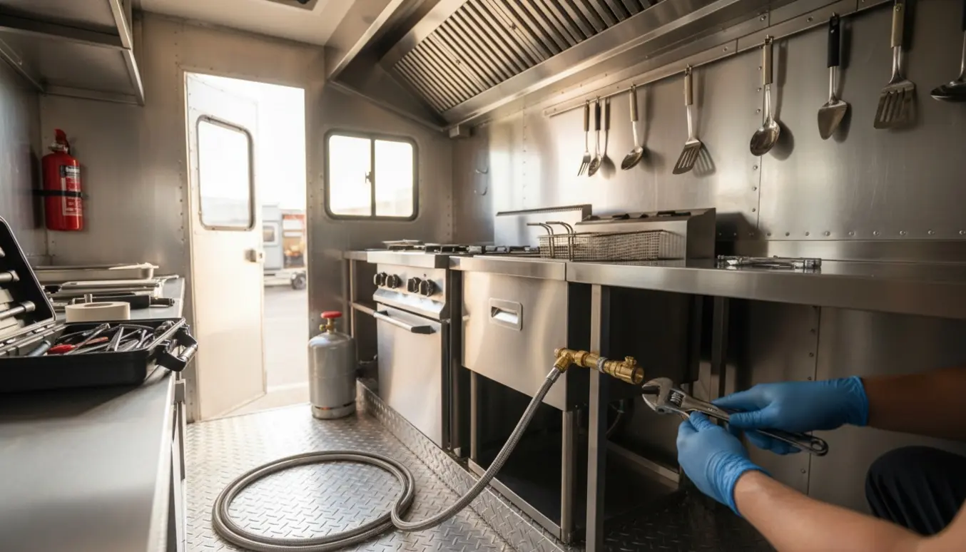 Hænder iført handsker forbinder en gas slange og monterer gaskomfur og friture i en foodtruck.