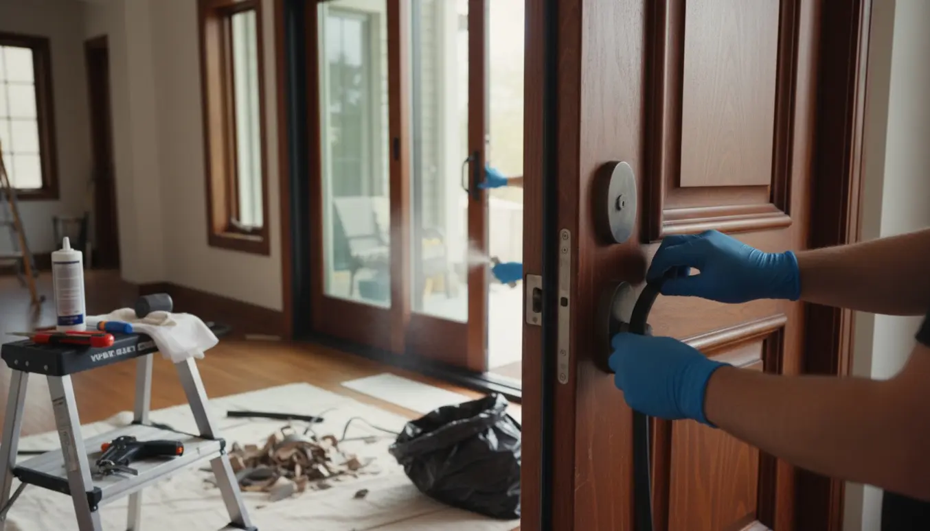 Nærbillede af udskiftning af tætningslister i mahogni døre og vinduer med værktøj og affaldspose.