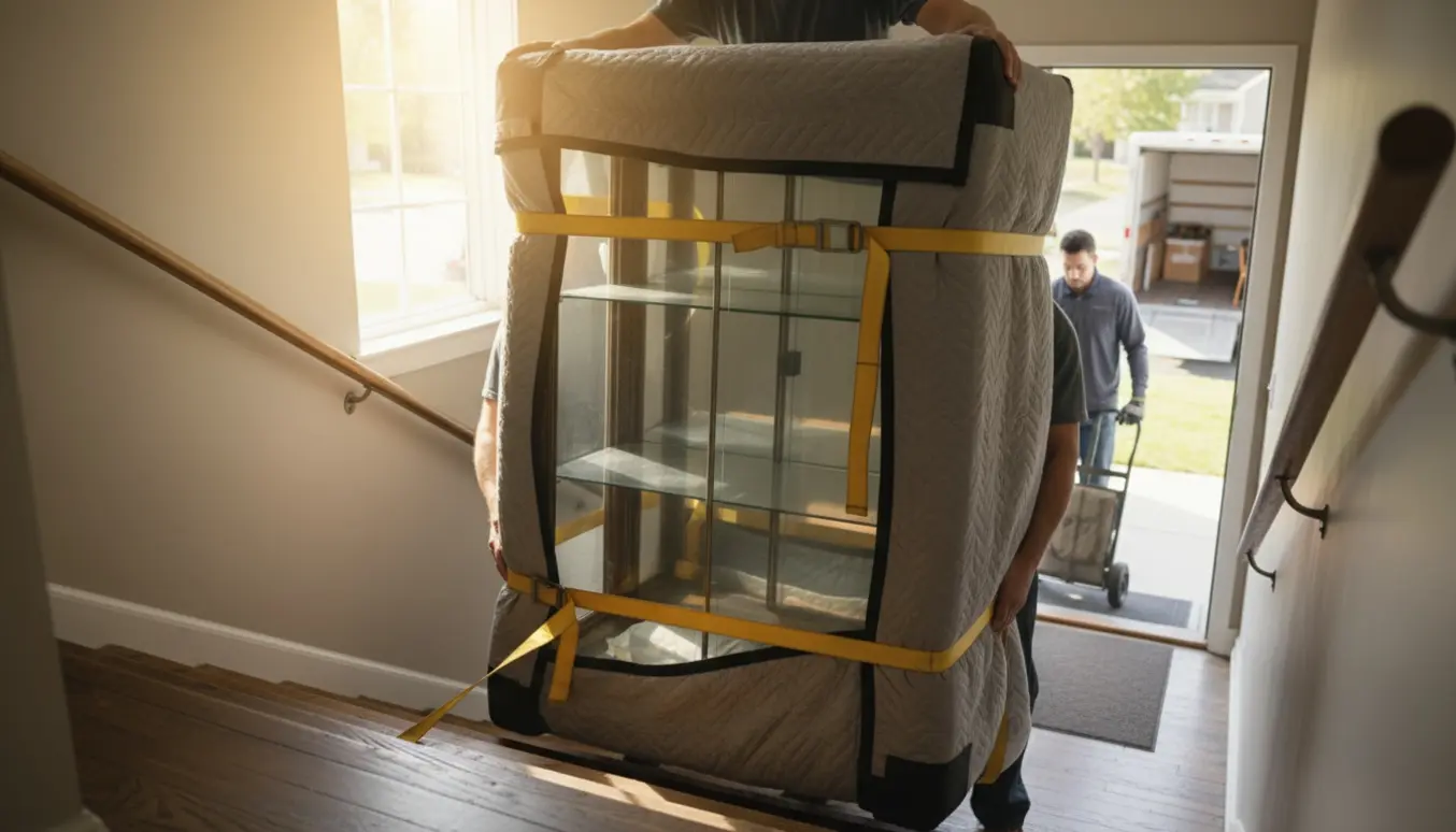 To flyttefolk bærer et indpakket vitrineskab ned ad en soloplyst opgang med flyttetæpper og stropper.