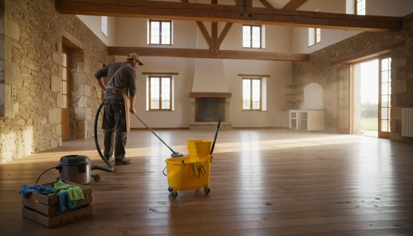 En rengøringsperson ses bagfra i et stort, tomt landbrugshus med moppe og rengøringsudstyr i sollys.