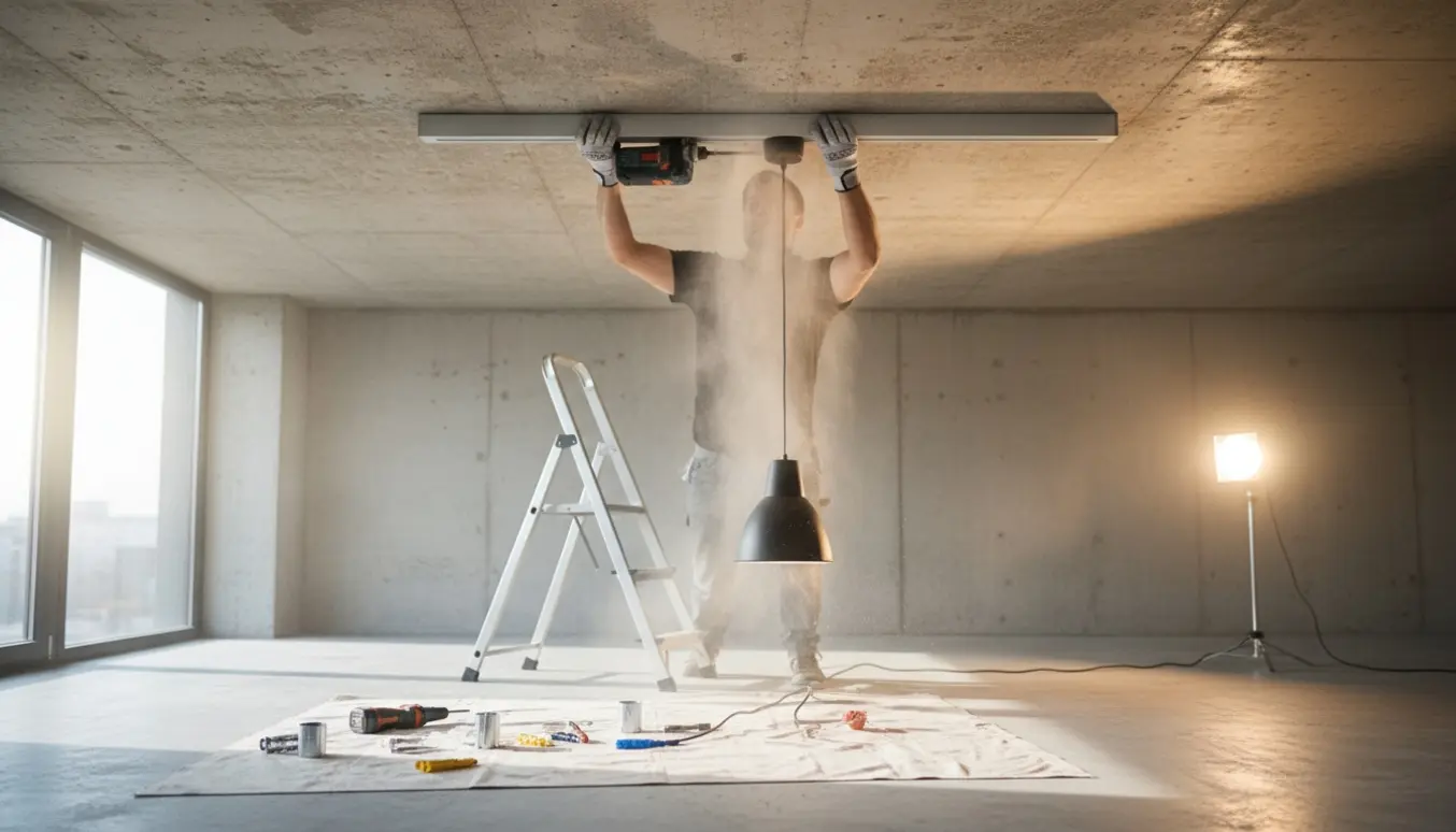 Montør monterer en 1 meter strømskinne i betonloft og tilslutter en pendellampe.