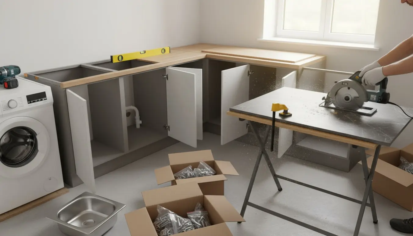 L-formet Ikea-køkken under montering med skruemaskine, skæret bordplade og håndværkerhænder.