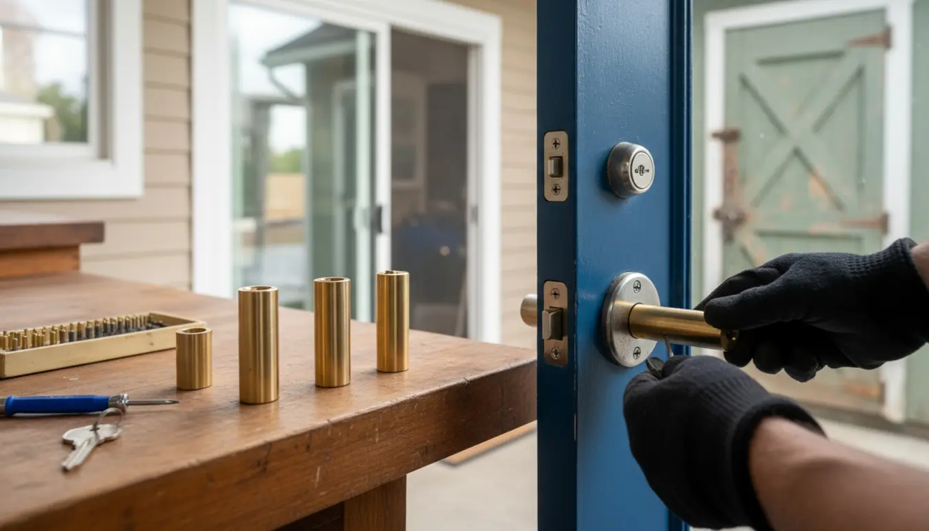 Nye låsecylindre og en nøgle på et arbejdsbord foran hoveddør, terrassedør og skur.