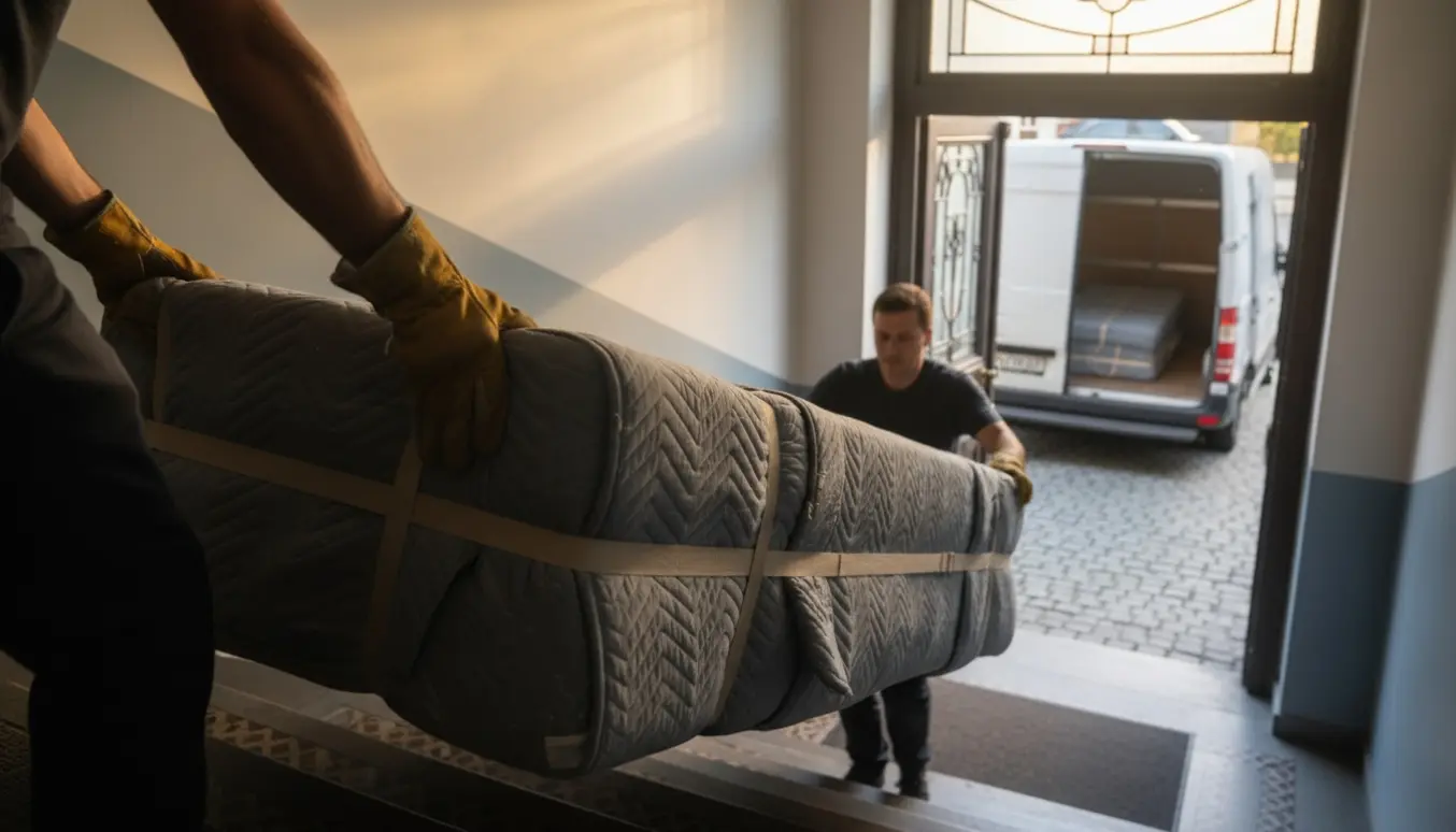 To personer bærer en 140x200 boxmadras ned ad en trappe mod en varevogn parkeret tæt ved indgangen.