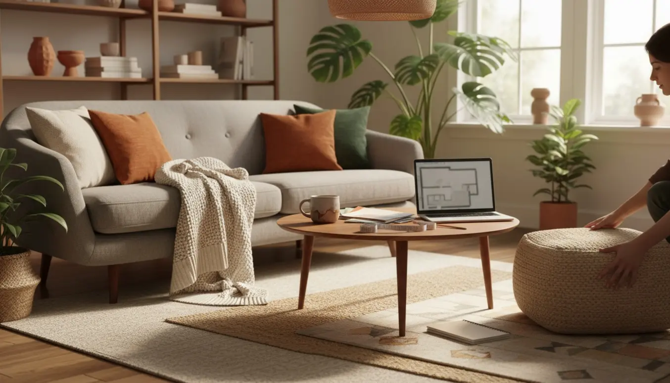 Soloplyst stue med sofa, puder, farveprøver og hænder, der arrangerer indretningen.