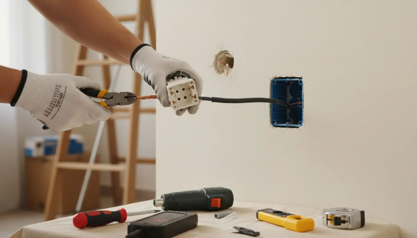 Nærbillede af hænder, der forkorter en ledning og flytter en stikkontakt på en væg med værktøj ved siden af.