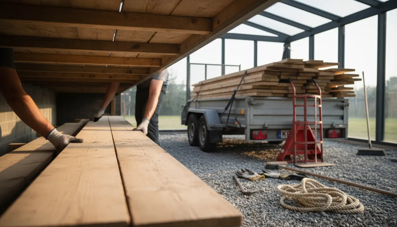 Løse, lange byggebrædder trækkes ud fra under en udestue og lægges på en trailer.