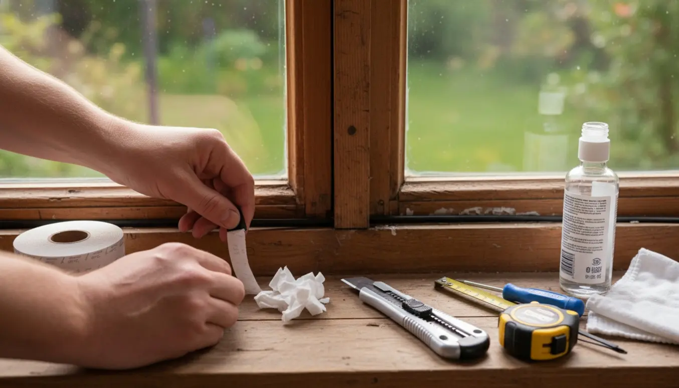 Nærbillede af hænder, der udskifter tætningslister i en vinduesramme med værktøj og nyt gummipakning.