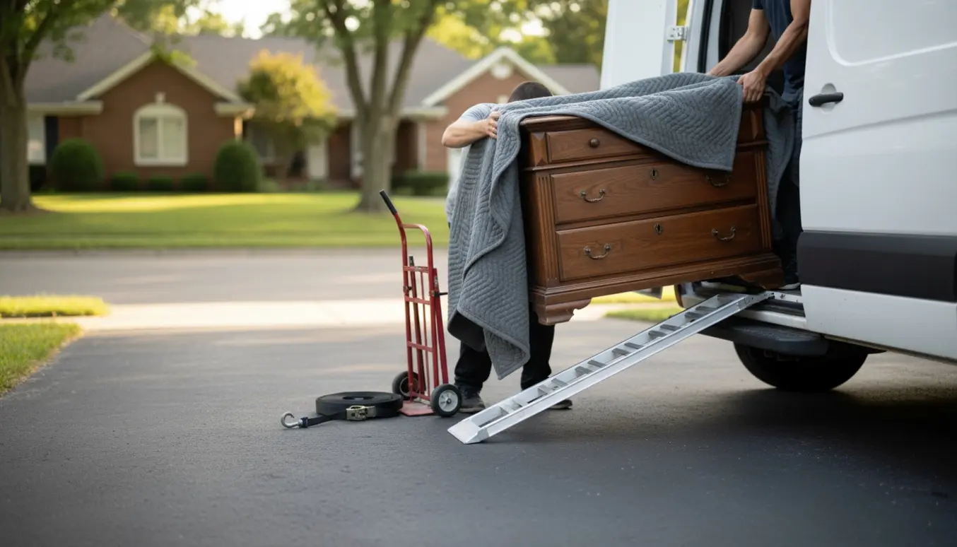 To personer læsser en kommode ind i en varevogn på en stille indkørsel, uden synlige ansigter.