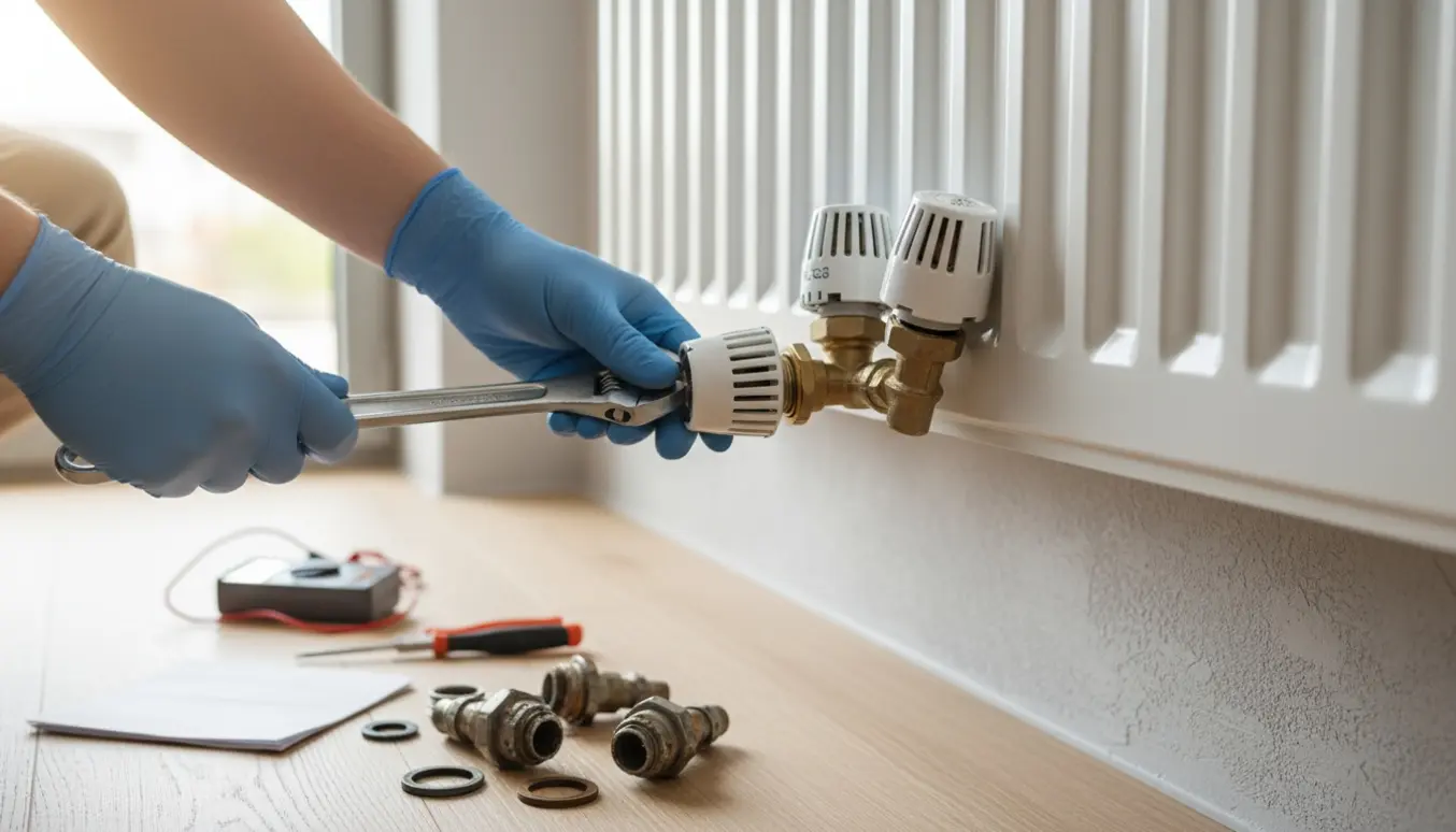 To hænder monterer nye termostathoveder på en radiator med gamle hoveder og værktøj ved siden af i et lyst rum.