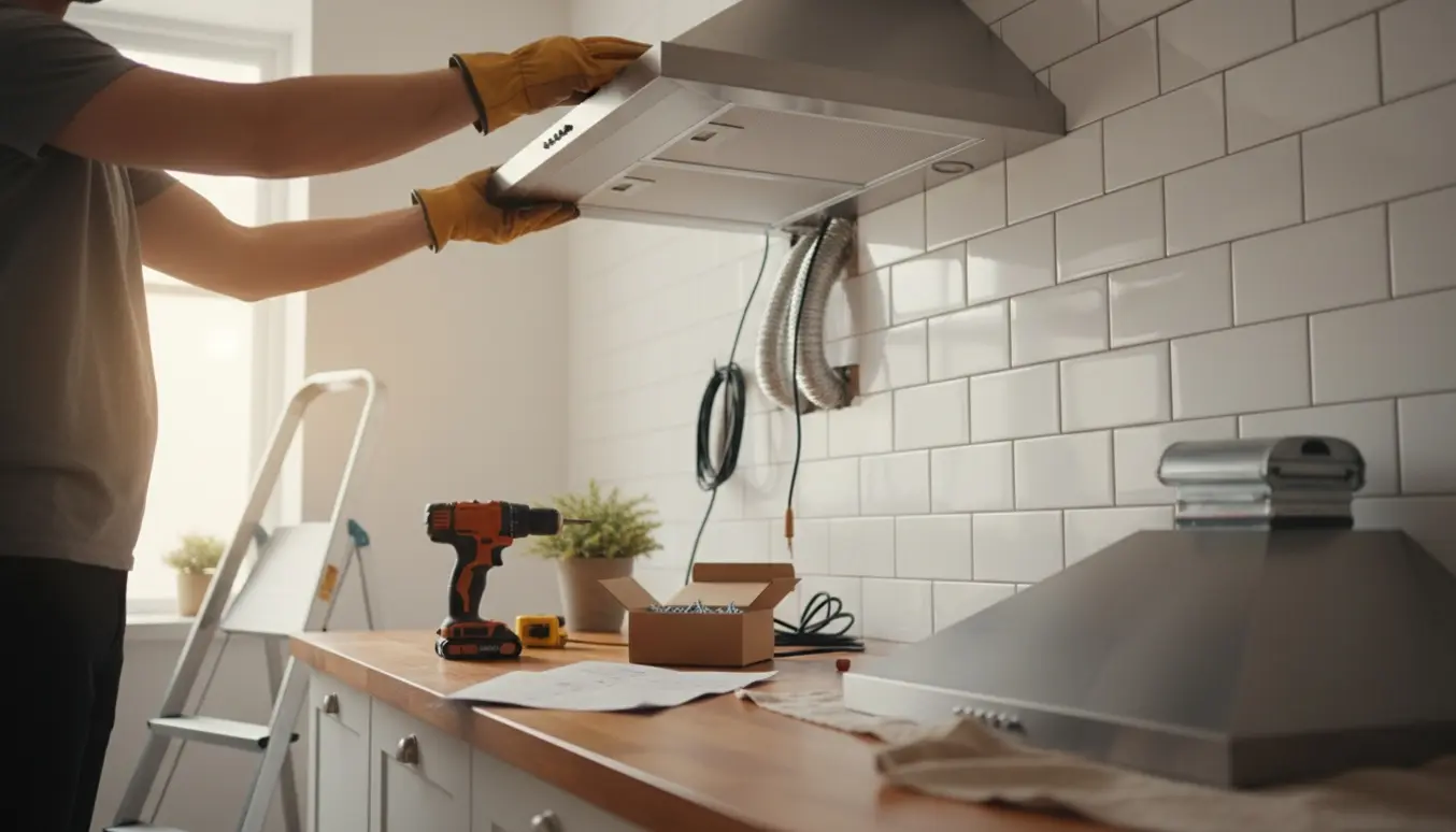 Installation af en ny rustfri emhætte i et lyst køkken med værktøj og arbejdshandsker i fokus.