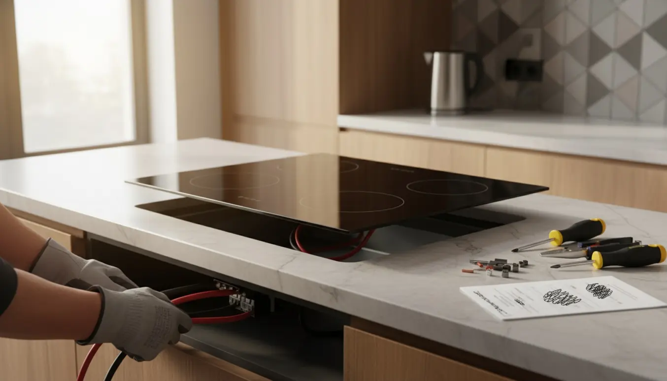 En tekniker tilslutter en sort induktionskogeplade i en moderne køkkenbordplade.