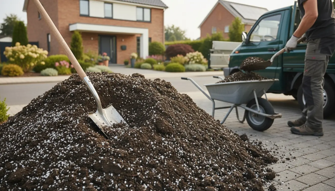 Stor bunke leret jord blandet med stabilgrus ved en indkørsel klar til afhentning.