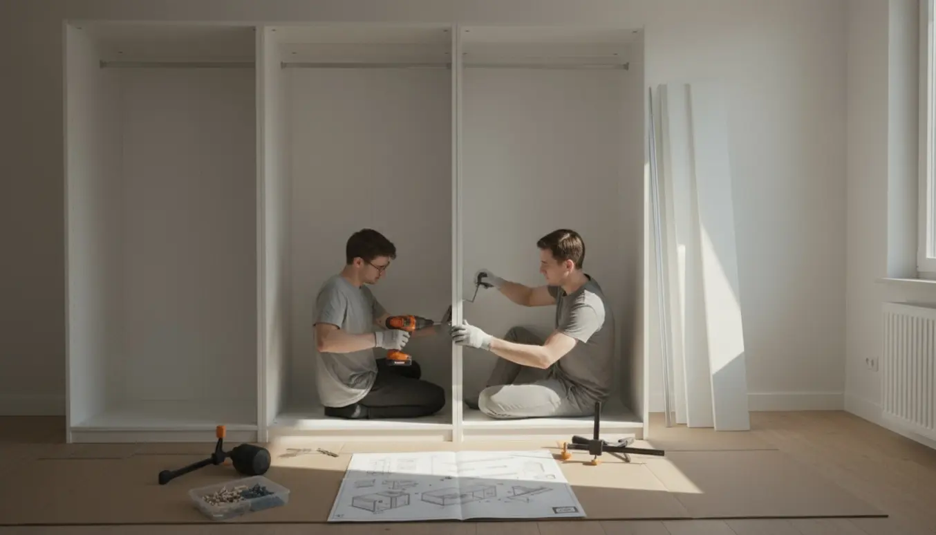 To PAX-stel samles i et lyst værelse med værktøj og dele lagt klar.