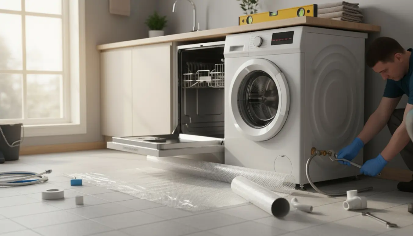 Tekniker tilslutter opvaskemaskine og vaskemaskine med drypbakke og dampspærre synlige.