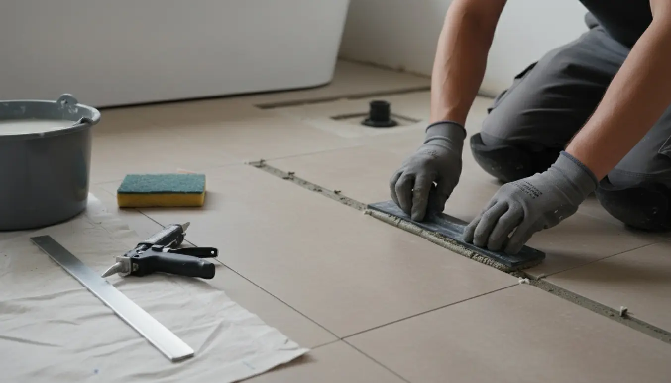 Nærbillede af hænder, der fuge og færdiggør fliser på et lille badeværelsesgulv med værktøj omkring.