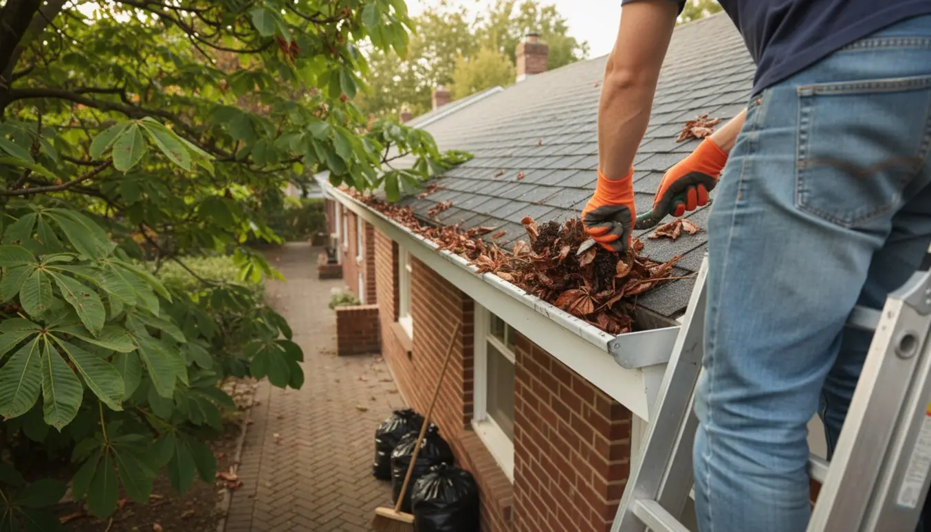 Hænder i handsker fjerner kastanjeblade fra en tagrende på et rækkehus med fyldte affaldssække på jorden.