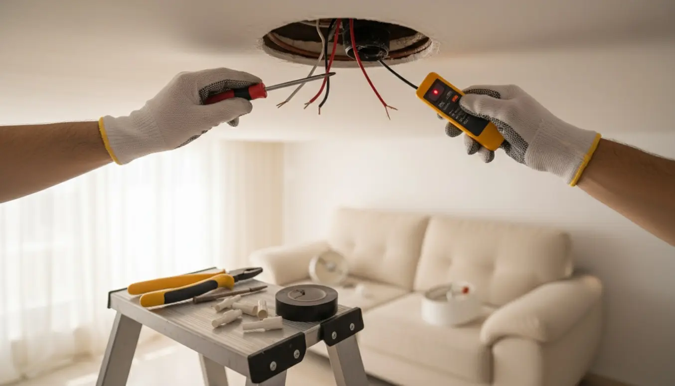 En tekniker undersøger en åben loftslampe med blotte ledninger og værktøj på en stige.