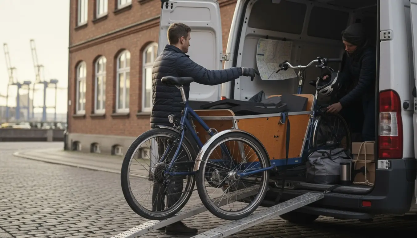 3-hjulet ladcykel læsses ind i en varevogn i Aalborg, klar til transport til Valby.