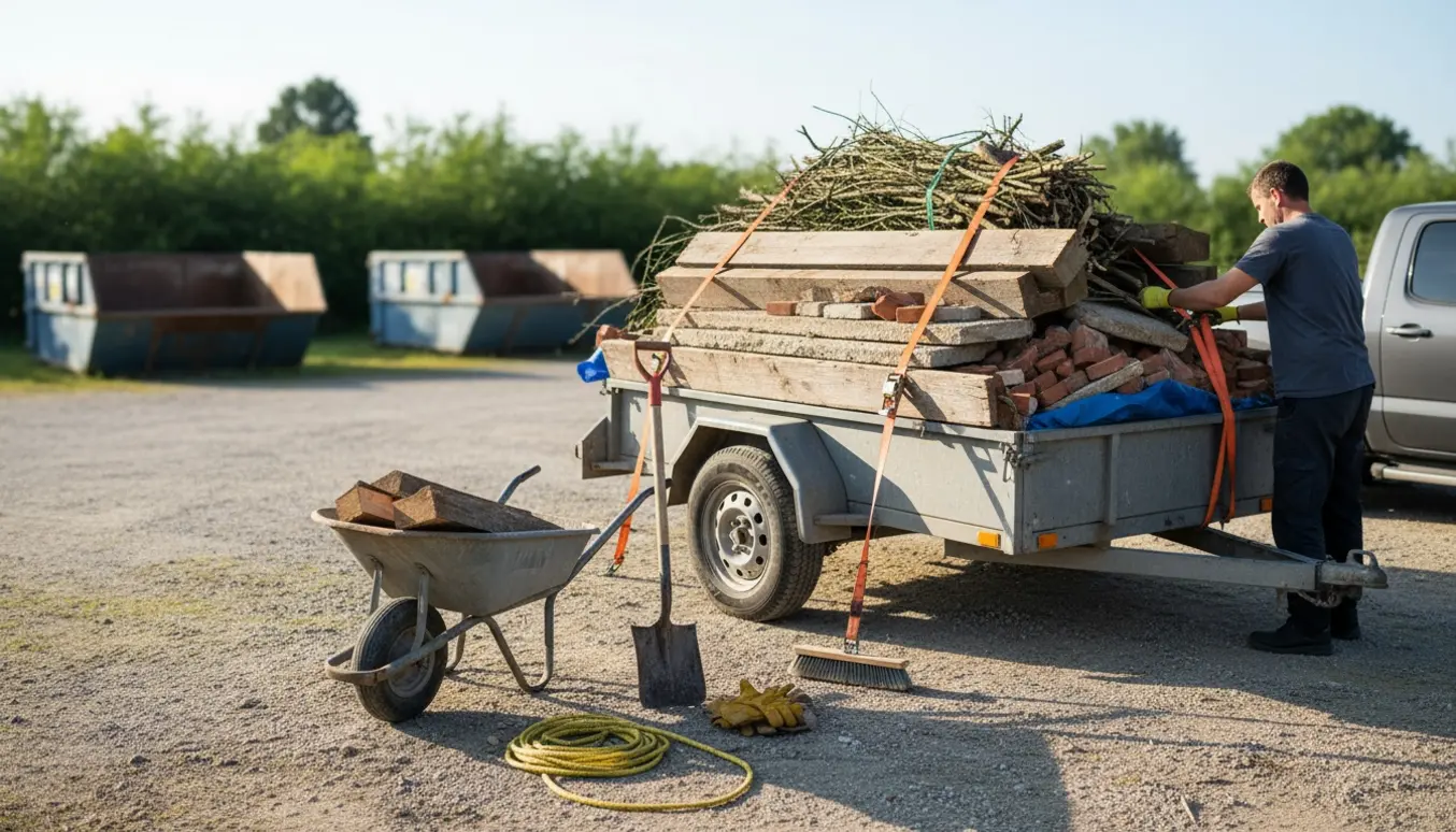 Traileren fyldt med træ- og betonaffald på indkørslen, mens en person sikrer læsset med en strop.