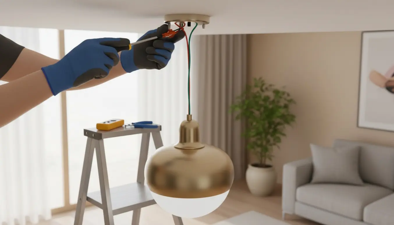 Hænder monterer en stor loftslampe på et glat loft med stige, værktøj og ledninger synlige.