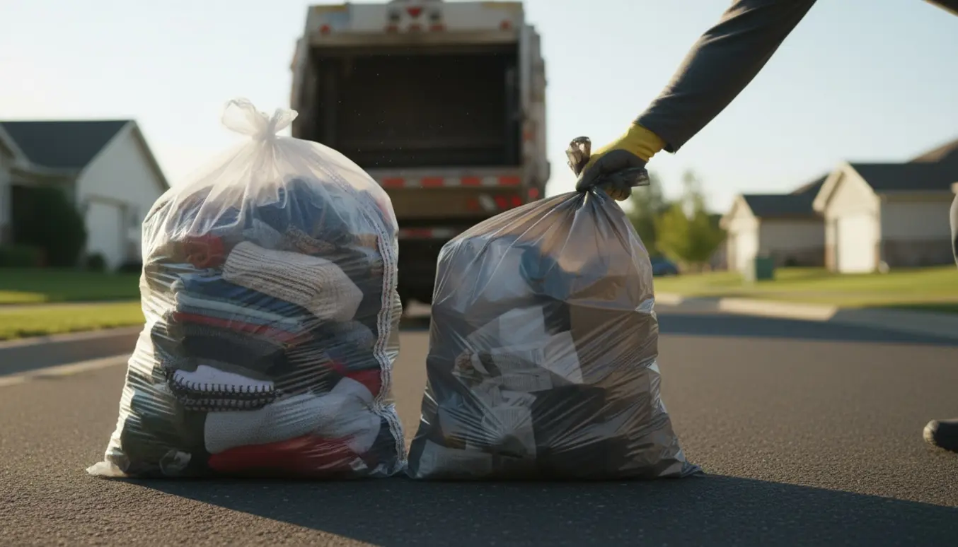 To poser med tekstil- og blandet affald på fortovet, en arbejdshånd rækker for at afhente dem.