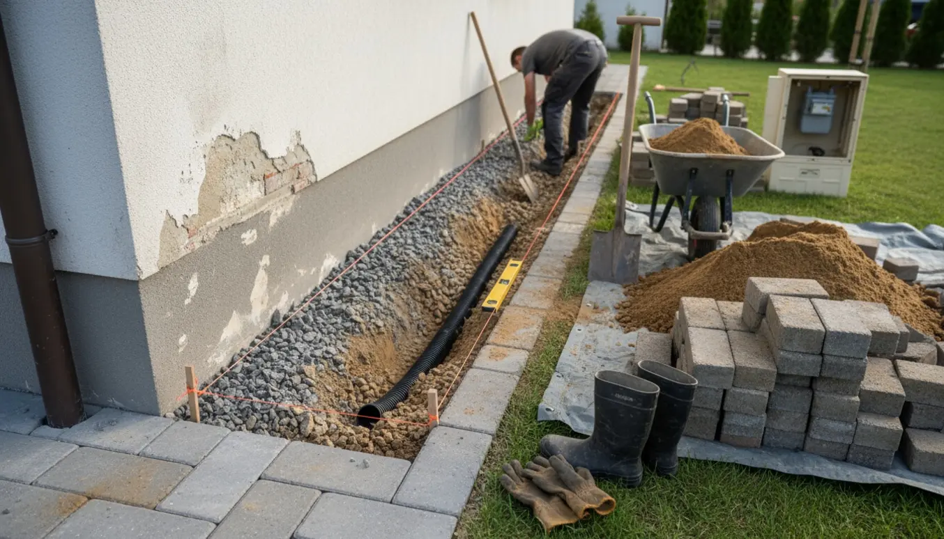 Fliseomlægning ved husfundament med grøft og dræn for at lede regnvand væk.