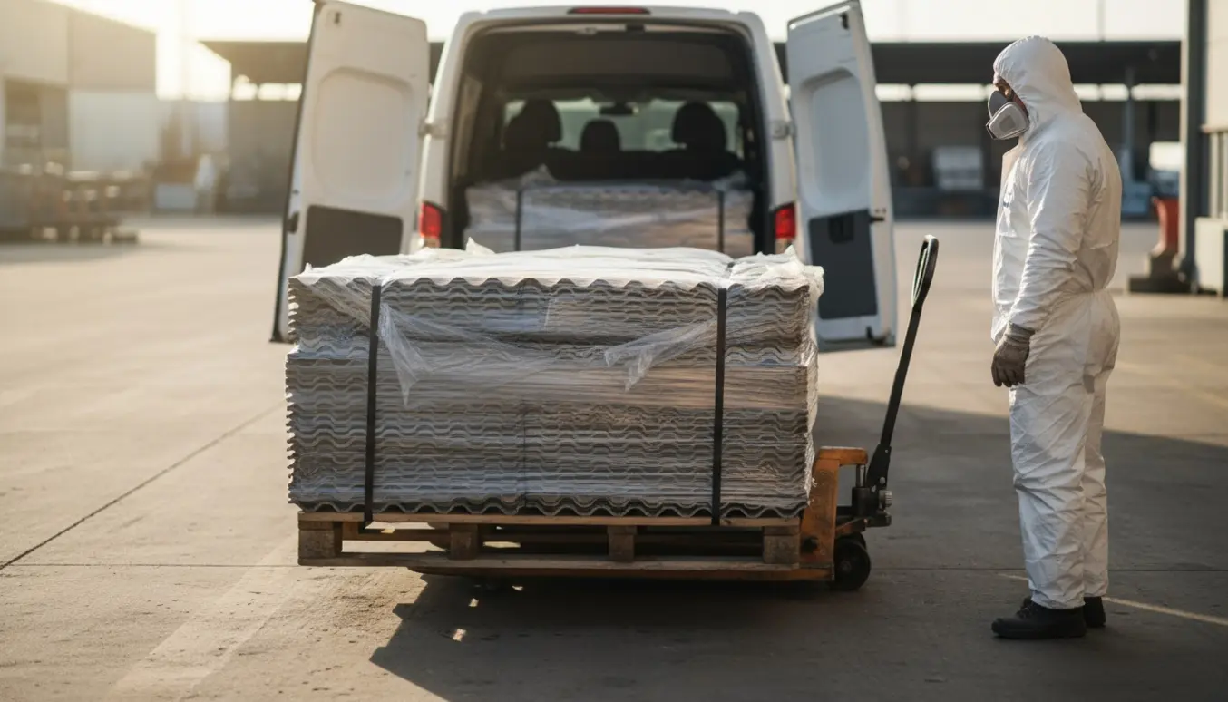 To paller med bølgeeternit-plader indpakket i plastik ved en varebil, en arbejder i beskyttelsesdragt trækker en palleløfter.