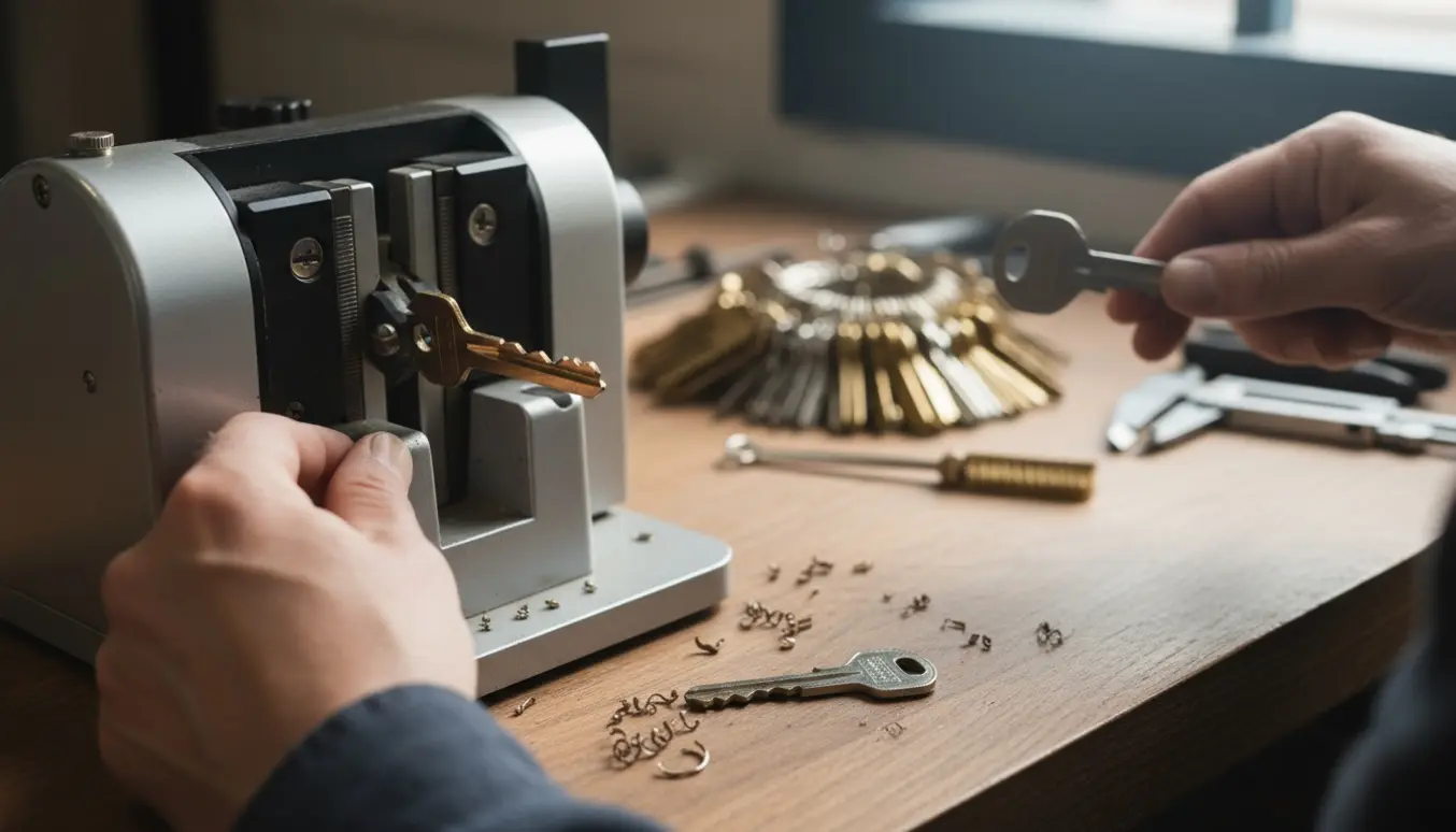 Nærbillede af hænder, der laver to kopier af en almindelig husnøgle på en nøglekopieringsmaskine.