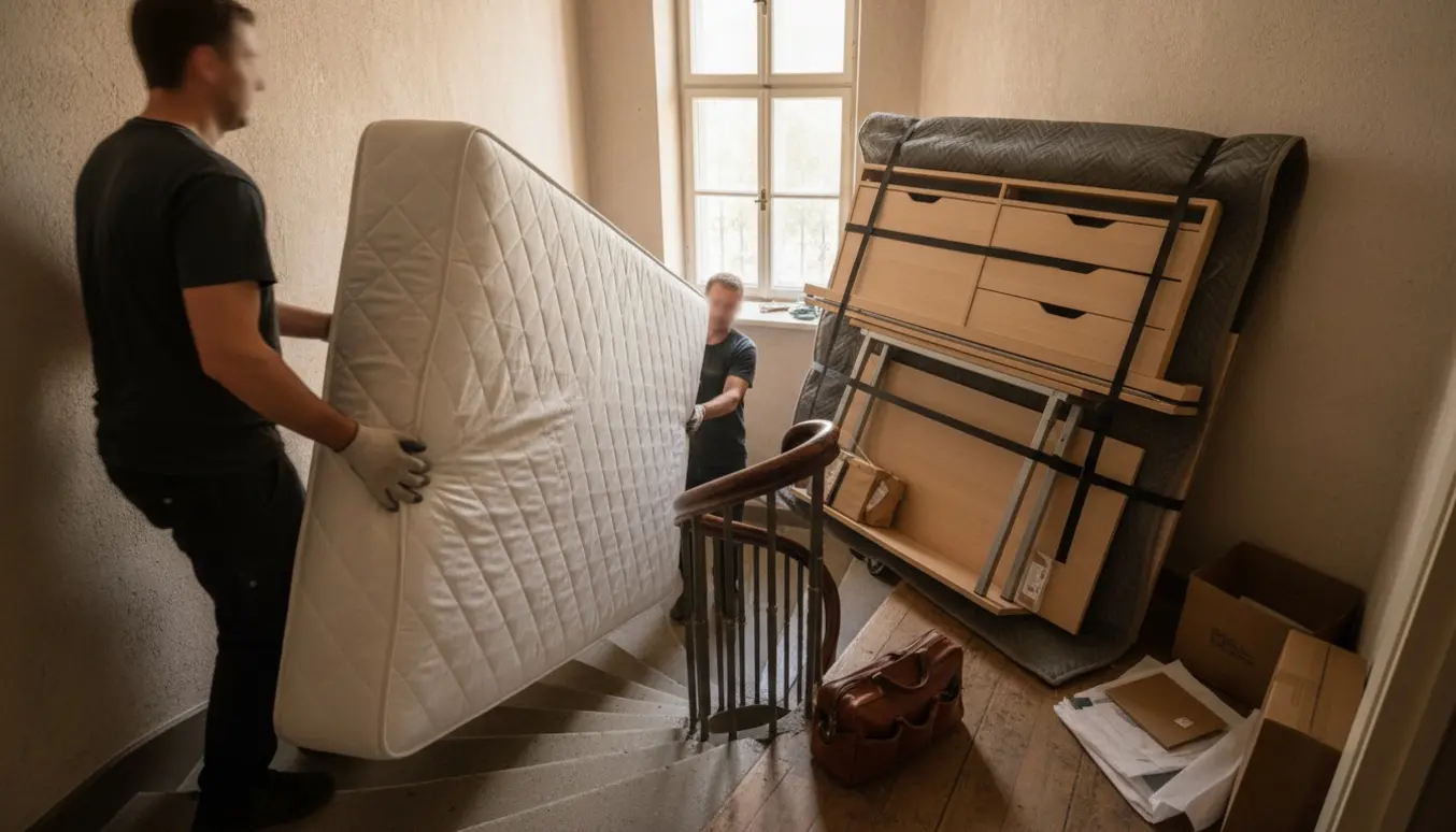 Flyttefolk bærer en boksmadras og sammenlagte skabs- og skrivebordsdele ned ad en trappe uden elevator.