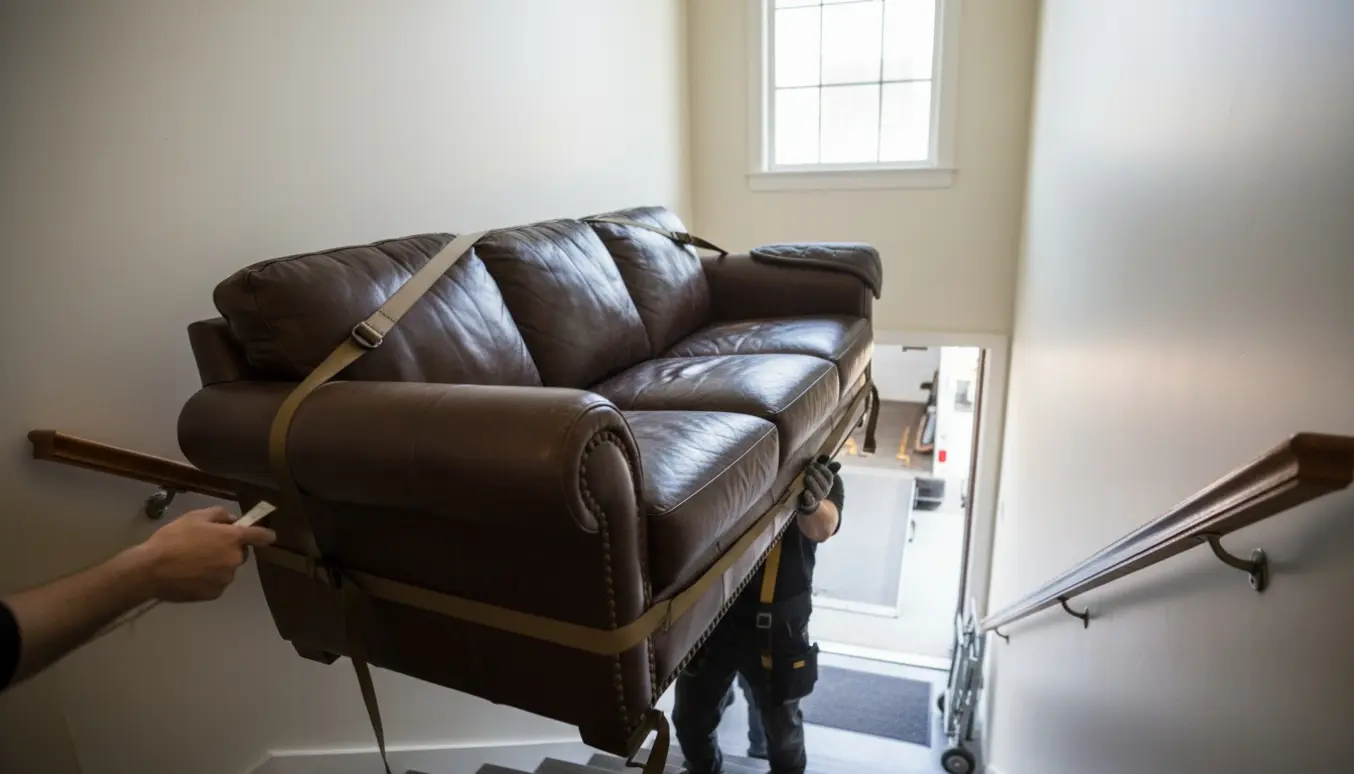 To personer bærer en stor trepersoners lædersofa ned ad en trappe mod en åben varevogn.