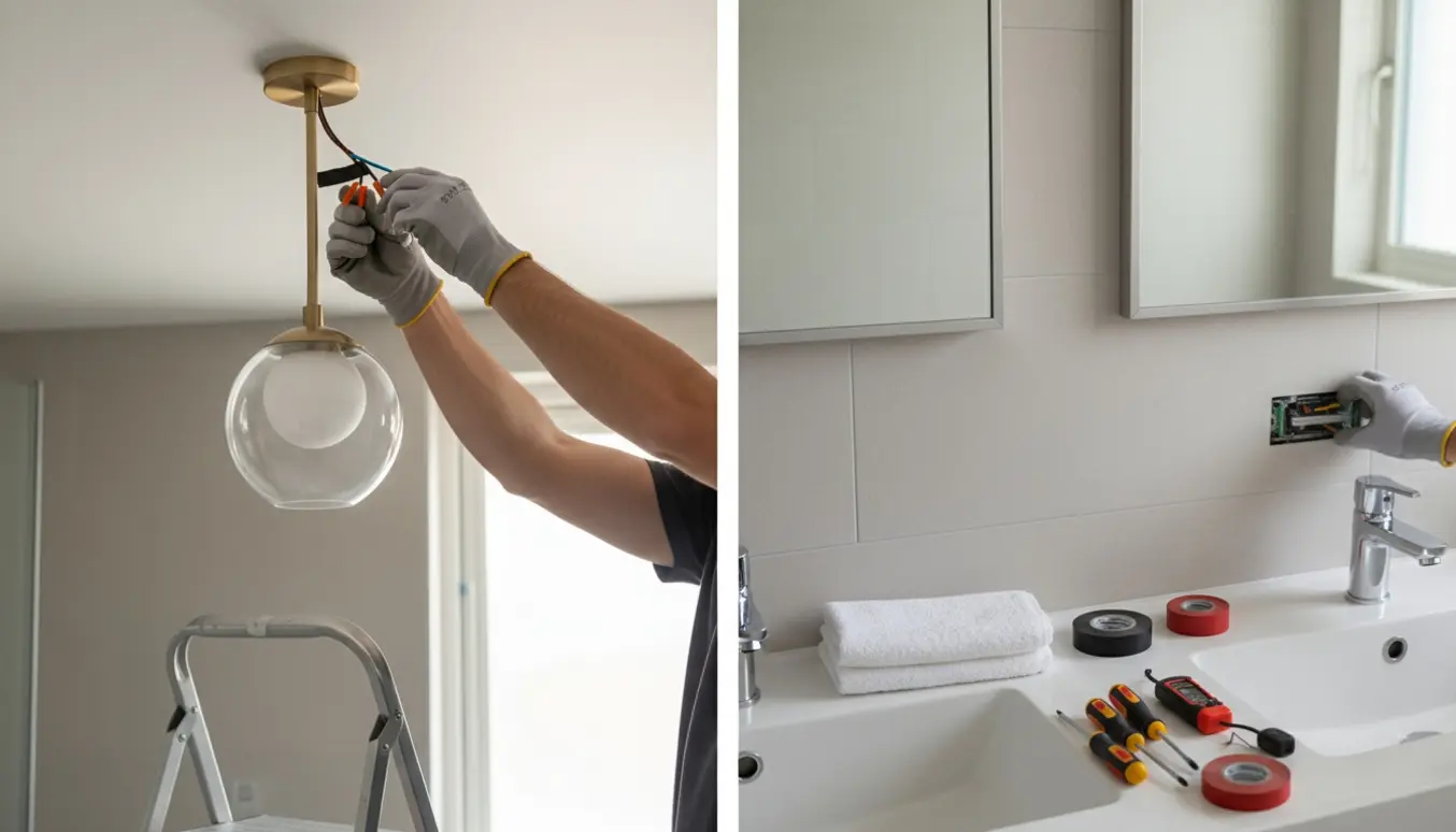 Hænder monterer en pendel og installerer en lysdæmper i et lyst badeværelse.