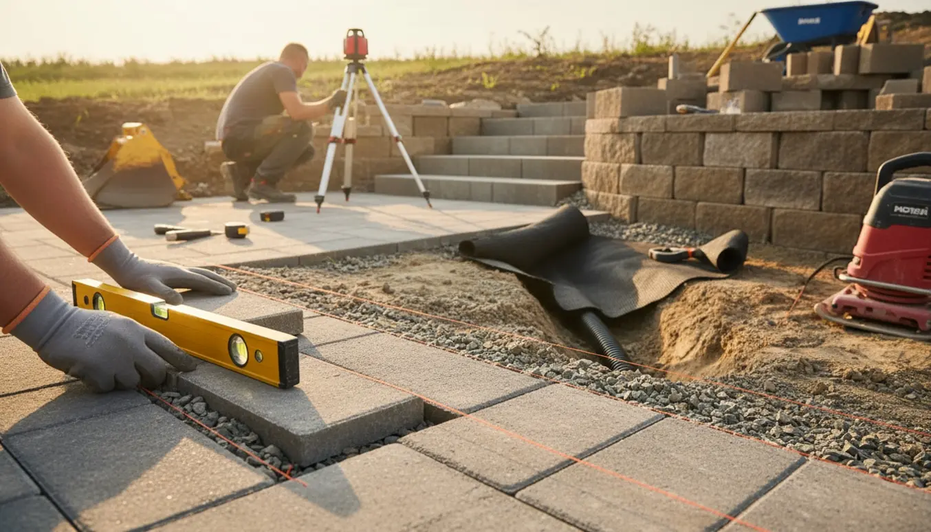 Arbejder lægger fliser med korrekt fald og bygger støttemur med dræn og trapper.