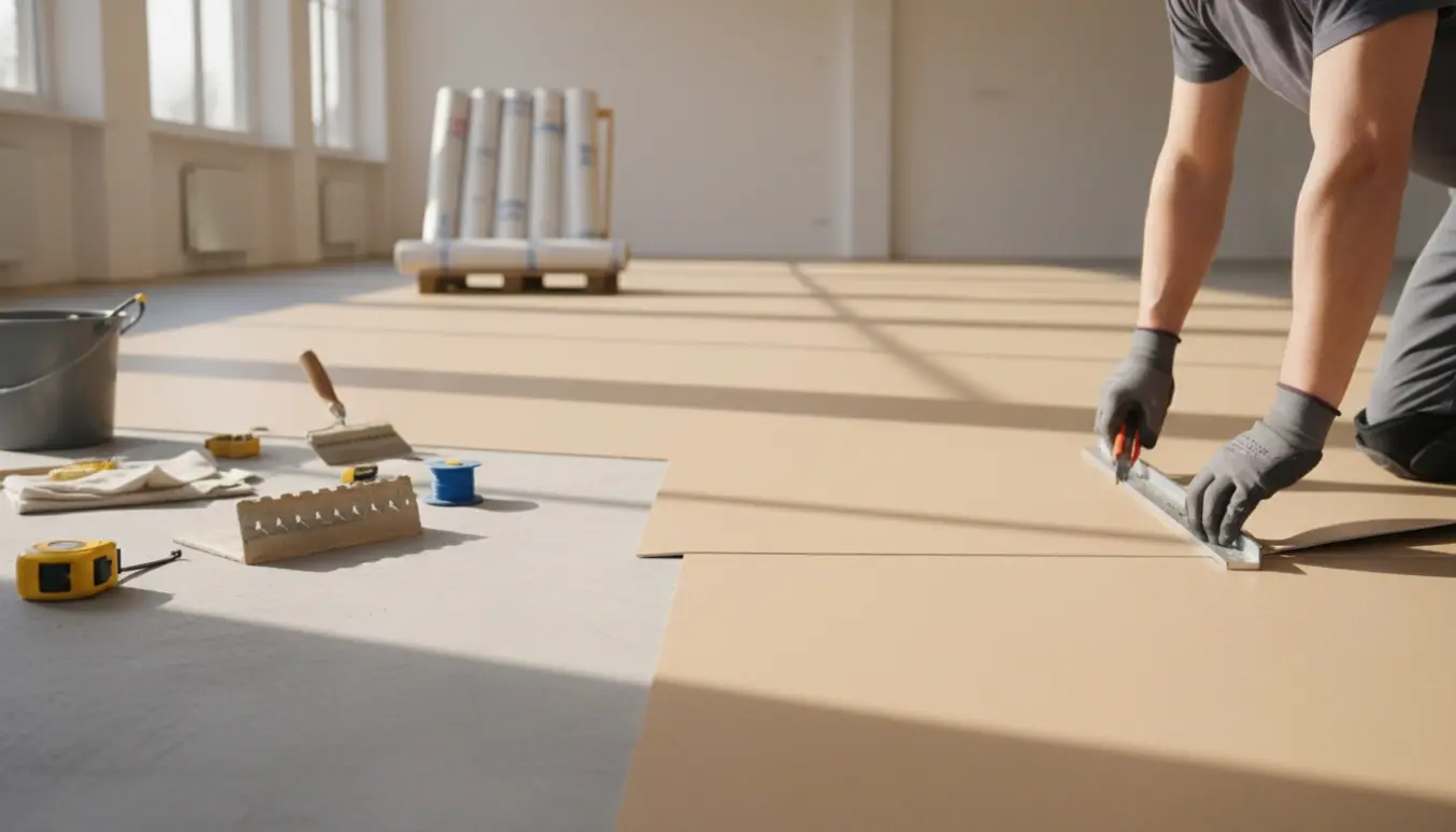 Installation af linoleum i et stort, lyst rum med ruller og værktøj i baggrunden.