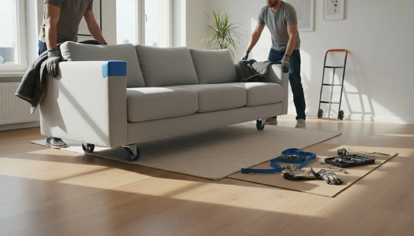 To personer bærer en grå modulsofa ind i en lys stue med flytteudstyr omkring.