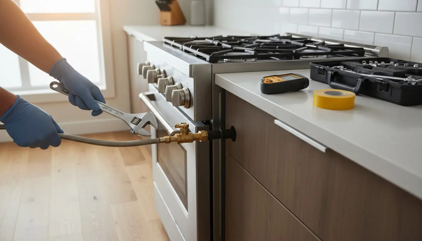 Hænder med værktøj afmonterer et gaskomfur, hvor gaskoblingen og afspærringsventilen er synlige.