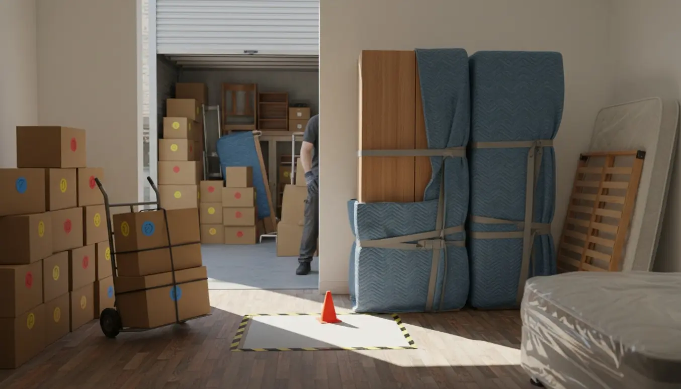 Flytning: flyttekasser, indpakkede skabe og en indpakket madras læsses mod et opbevaringsrum.