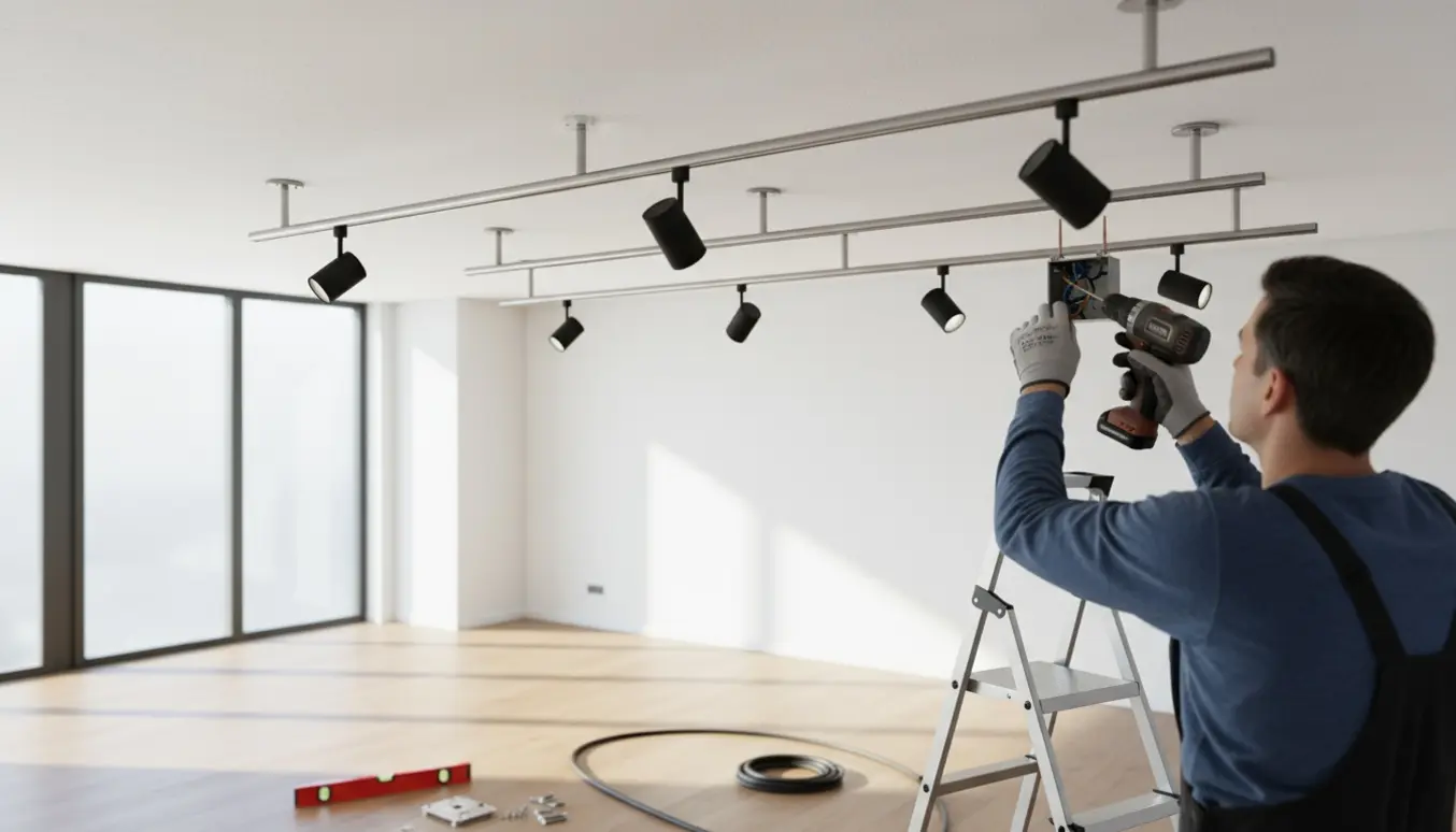 Nærbillede af installation af tre spot-skinner med hænder, værktøj og monteret skinne i et lyst rum.