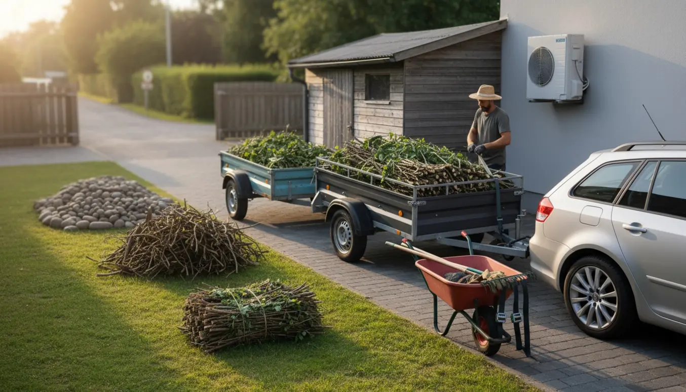 Trailer med haveaffald ved et skur, tre bunker med sten og grene på græsplænen, varmepumpen på husmuren intakt.