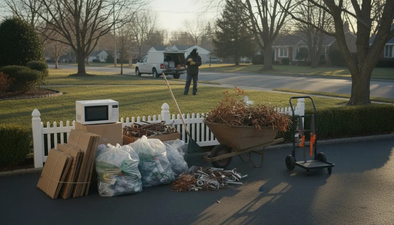 Bunker af pap, plastik, metal og haveaffald i forhaven klar til afhentning.