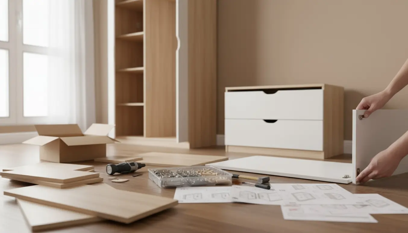 Delvist samlet børneskab i lyst værelse med værktøj og hænder, der monterer hængsler.