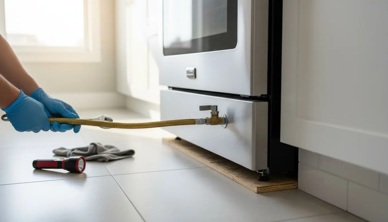 Hænder lukker for gaskomfuret og løsner gastilslutningen i et lyst køkken, komfuret er delvist afmonteret uden at blive flyttet.