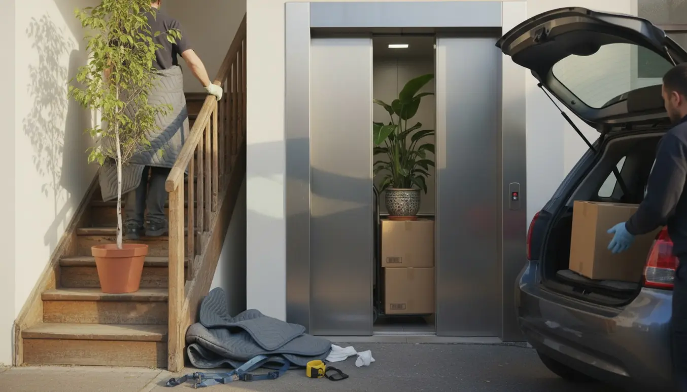 To ca. 1 m høje potteplanter og tre flyttekasser ved en trappe og elevator, klar til at blive læsset i bil.