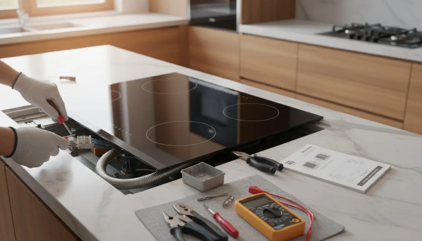 Ny kogeplade i bordpladen, hvor handskerede hænder forbereder elektriske forbindelser ved siden af værktøj.