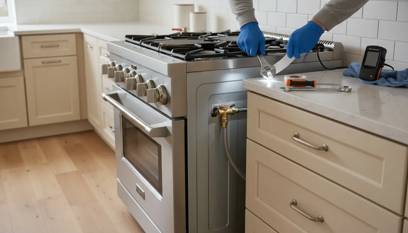 Tekniker afmonterer et gammelt gaskomfur og monterer et nyt i et lyst køkken, med værktøj og gasforbindelse synlig.